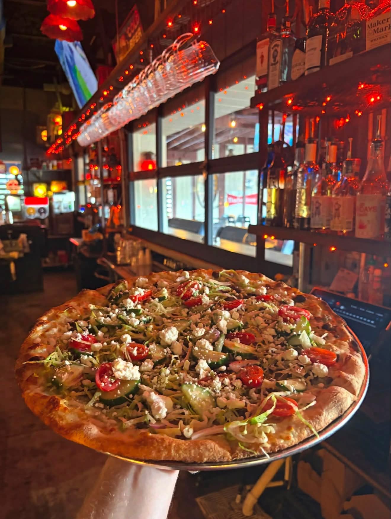 Veggie and feta pizza at the bar